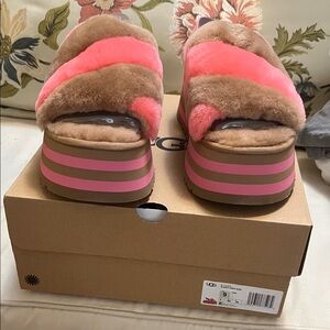 UGG Women's Pink and Brown Fluffy Mules